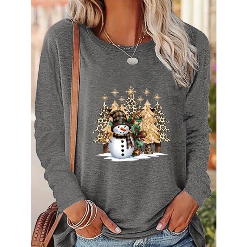 Christmas women's round neck long sleeves - Christmas snowman leopard print Christmas tree print, loose fit, machine washable