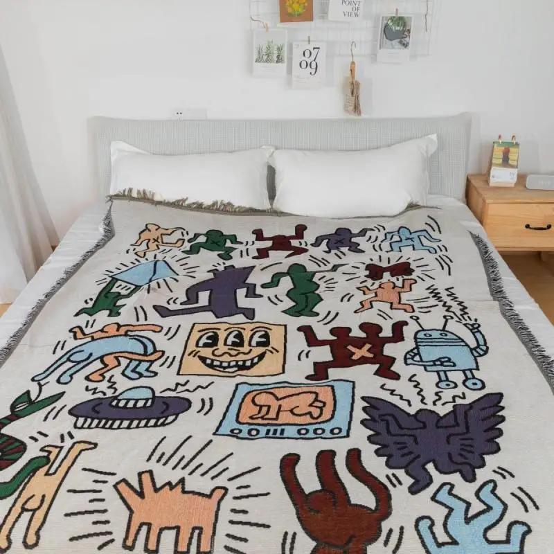 New Graffiti Colored Tassel Edge Sofa Towel Simple Anti Slip Thick Cover Blanket Seasonal Universal Couch Decoration Dust Covers