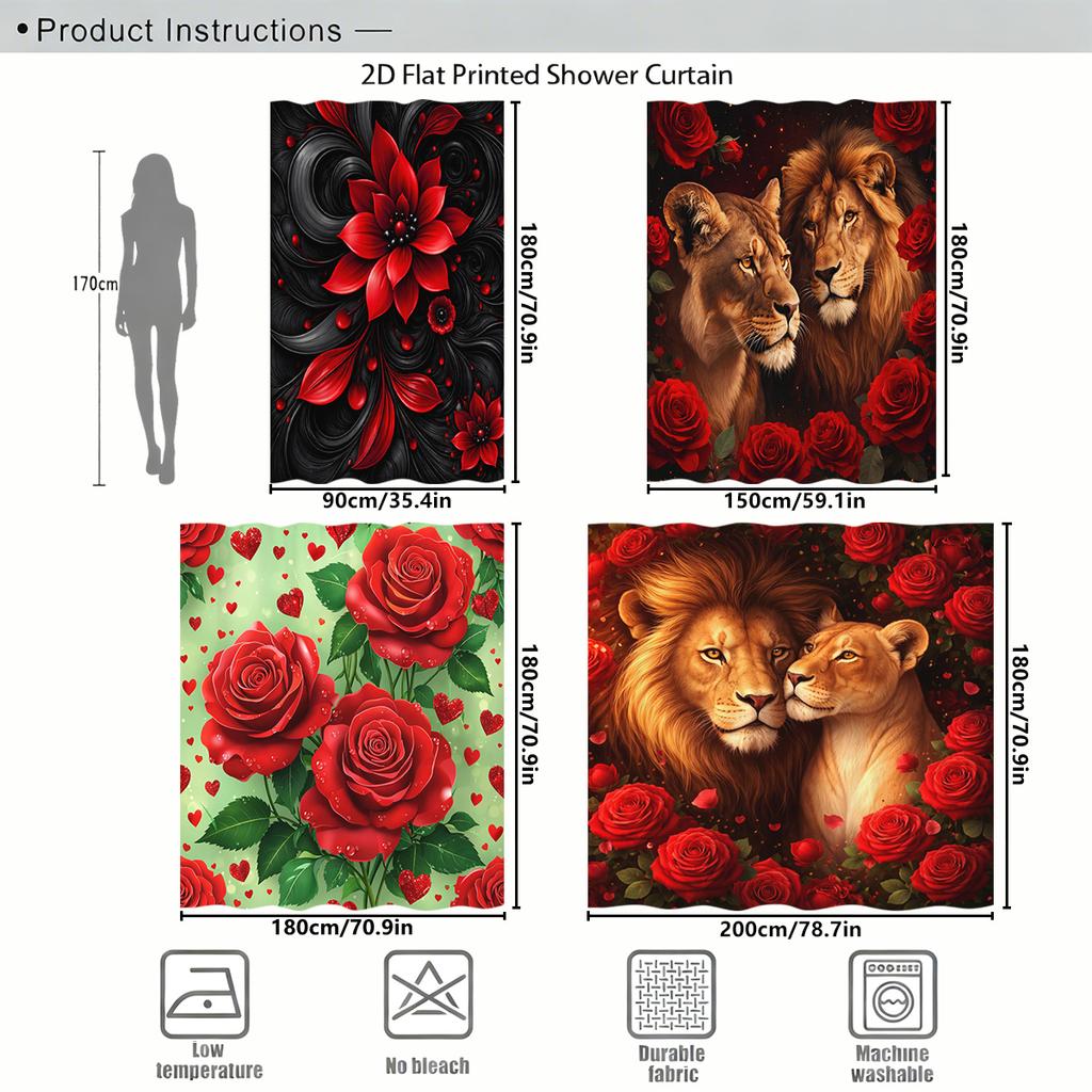 Vibrant Floral & Lion Themed Polyester Shower Curtain - Stylish Bathroom Decor, Artistic Printed Bath Curtain For Home
