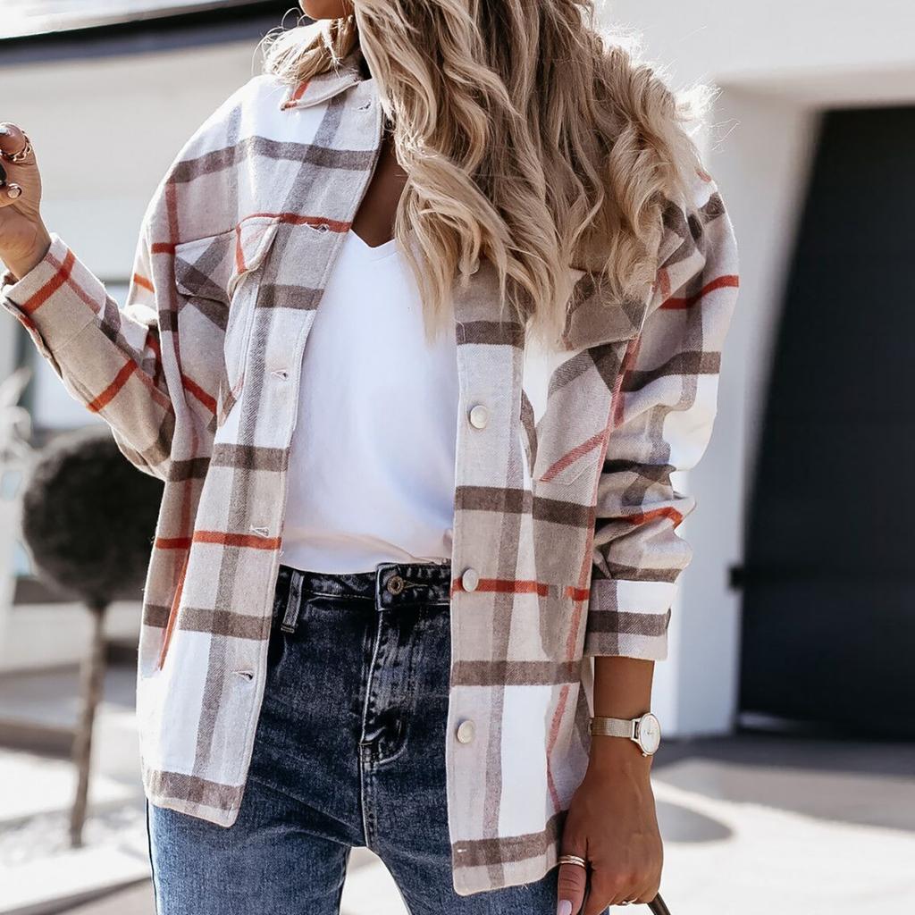 Women's  And Winter Fashion Loose Plaid Print Pocket Long Sleeve Jacket