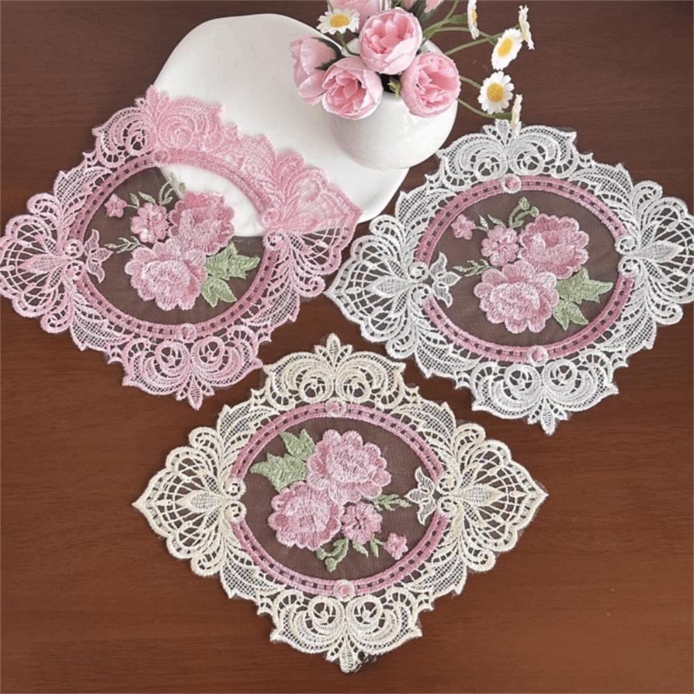 Ovaler Vintage-Spitzen-Stickerei-Untersetzer, Hitzeschutz, Foto-Requisiten, Tischdecke, Europäischer Stil, Kaffee-Getränke-Pad für Heimdekoration