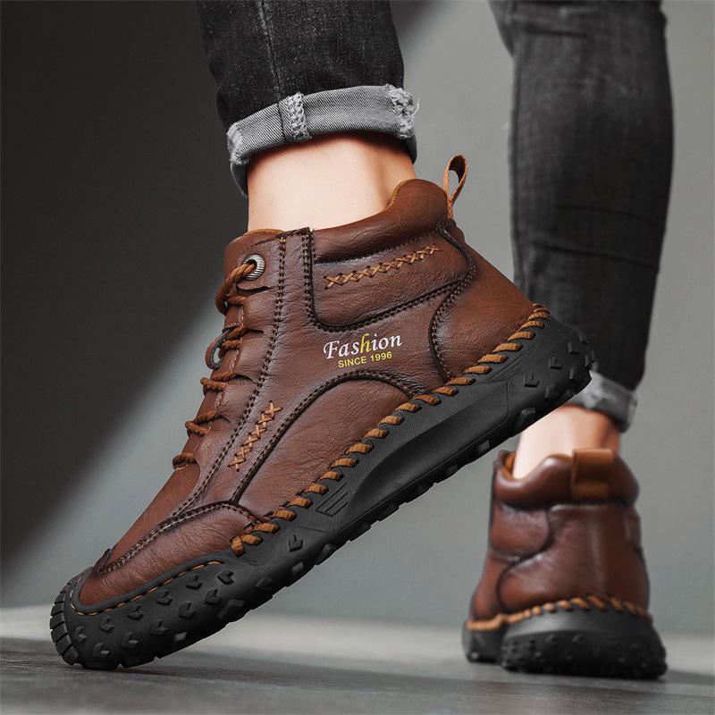 Men's Plus Size Handmade Leather Mid-top Boots - Thick Sole, Lace-up, Outdoor Casual
