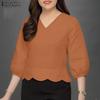 ZANZEA Women Casual V-Neck Solid Color Loose 3/4 Sleeve Blouse