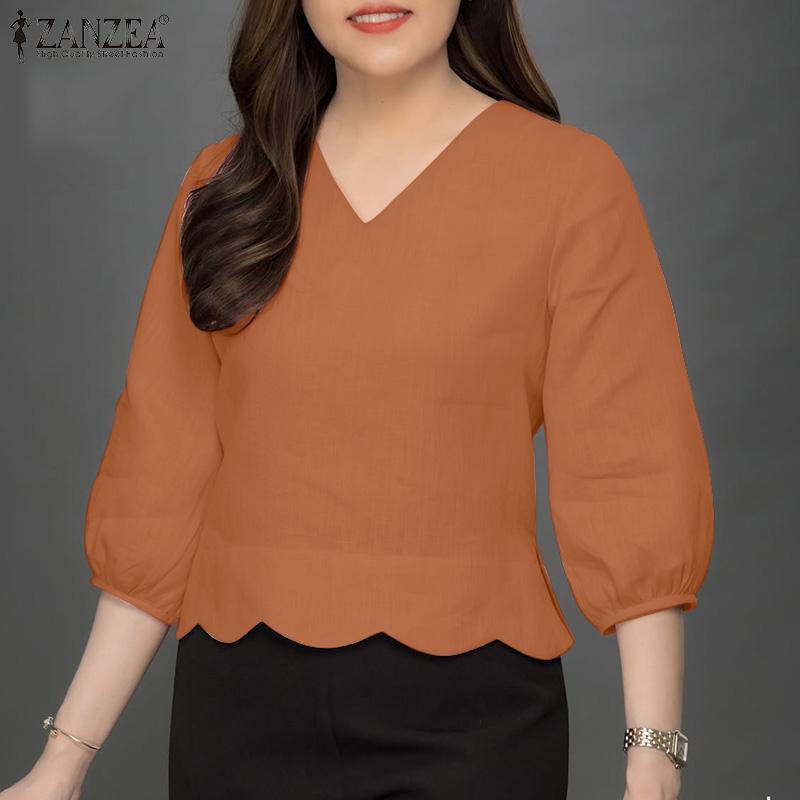 ZANZEA Women Casual V-Neck Solid Color Loose 3/4 Sleeve Blouse