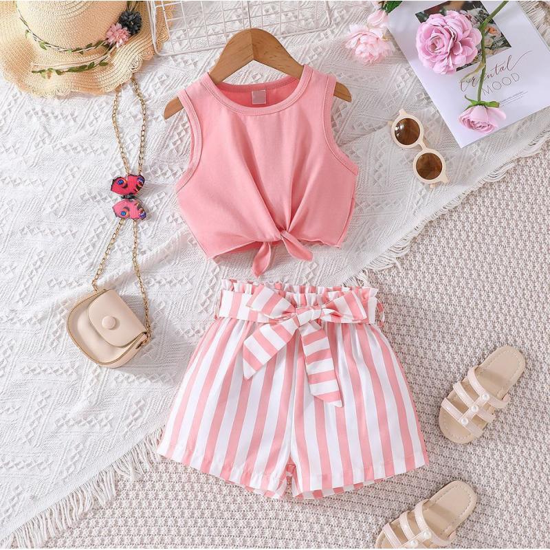 Tops Round Neck Sleeveless Shirt + Vertical Strips Stitching Shorts Casual Baby Clothes
