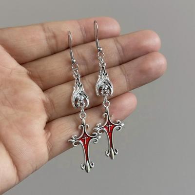 Trendy Gothic Sliver Color Vampire Bat Red Drip Glazed Cross Dangle Earrings for Women Halloween Party Stainless Steel Jewelry