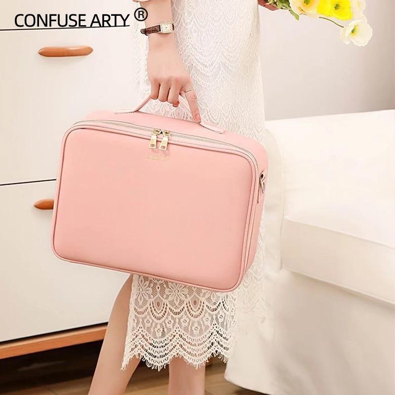 New Smart LED Lights Makeup Case For Women With Mirror Professional Large Capacity Waterproof PU Leather Travel Cosmetic Bags