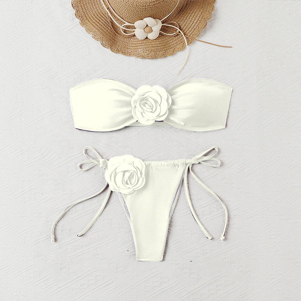 European and American Solid Color Rose Tube Top Bikini Drawstring Strap Split Swimsuit