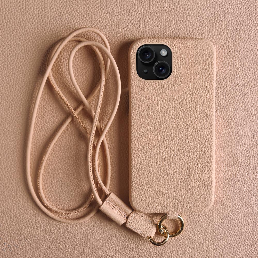 For iPhone 14 Case with Lanyard Genuine Cow Leather PC Phone Back Cover