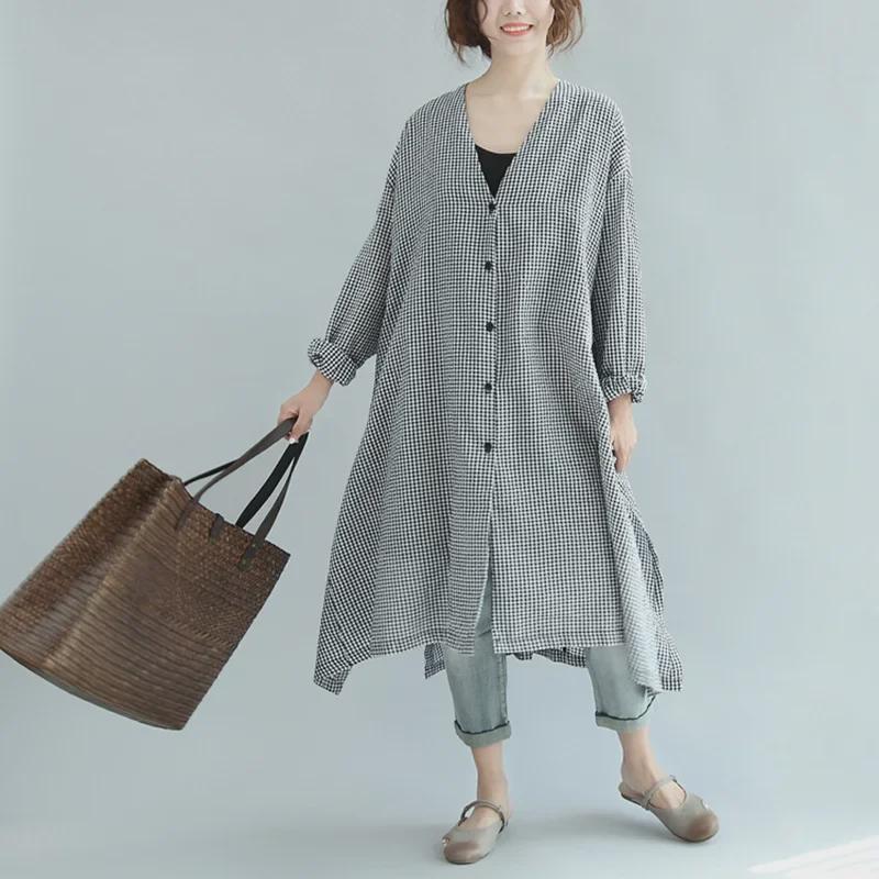 Korean V-Neck Plaid Dress for Plus Size - Loose Fit, Mid-Length with Open Button Design