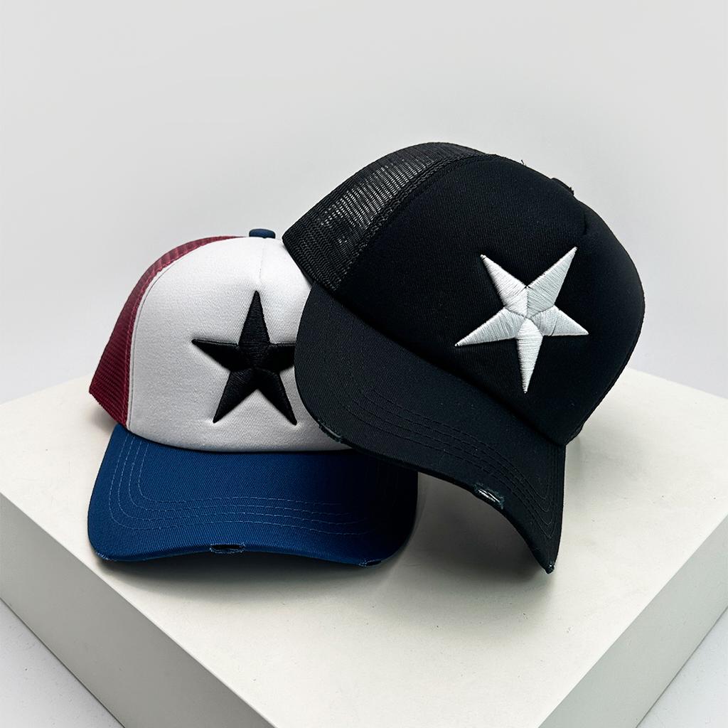 Broken Embroidered Five-pointed Star Baseball Hats Color Block New Unisex Sunshade Personal Trucker Caps Versatile Fashion Ins