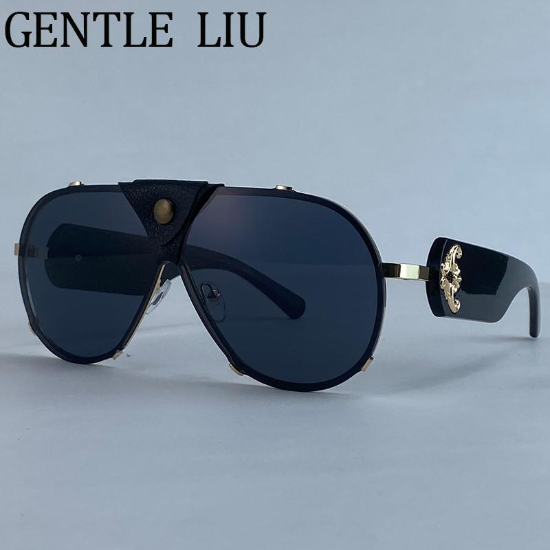 Steampunk Oversized Vintage Pilot Sunglasses Women 2026 Luxury Brand Oval Shield Eyewear Goggle Shades Driving Leather Sunglass