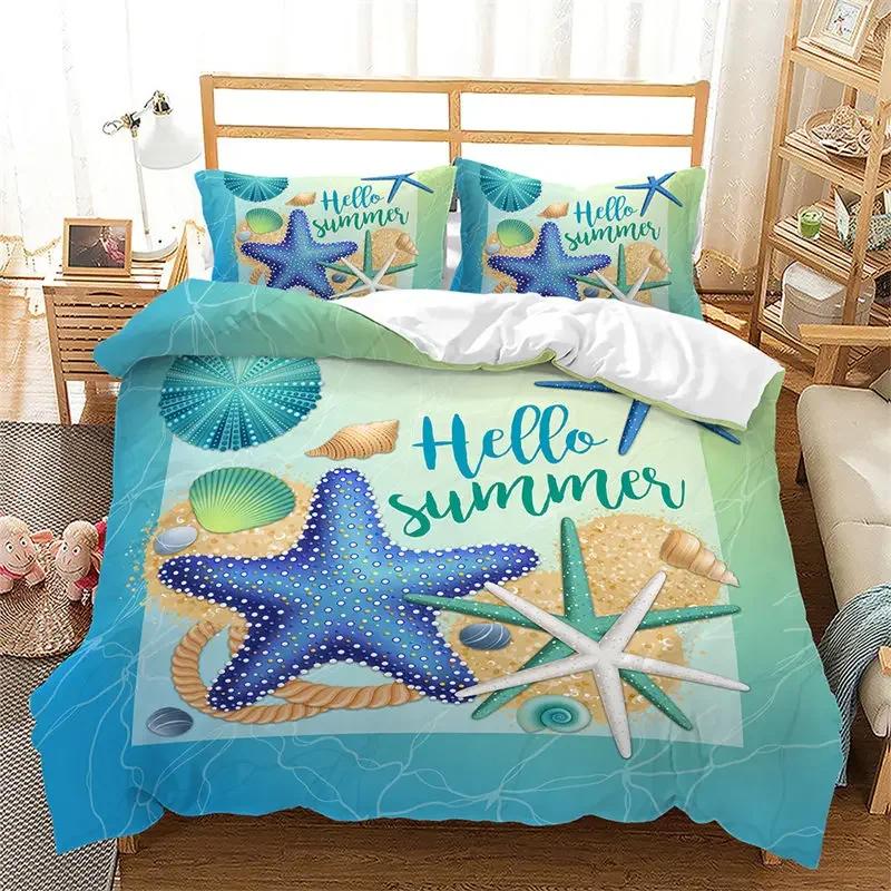 Comforter Summer Beach Hawaiian Vacation Style Seashell Starfish Bedding Set Microfiber Tropical Landscape Queen