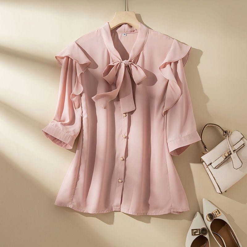 WTEMPO Brand Niche Chic Chiffon Blouse Thin Bow Temperament Hundred with Seven-point Sleeve Thin Shirt Fashion Casual Hundred with Outside Wear Tops