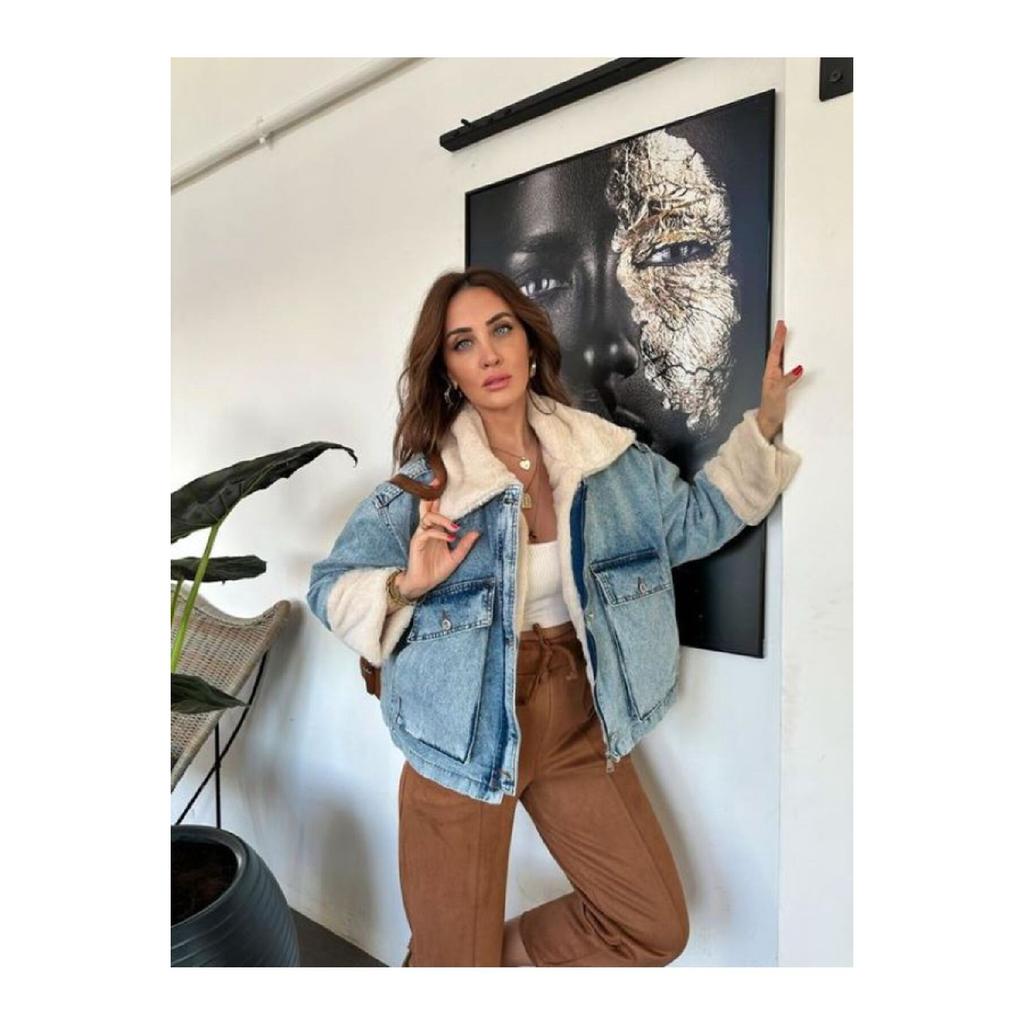 Women's White Fur Denim Jeans Jacket Coat