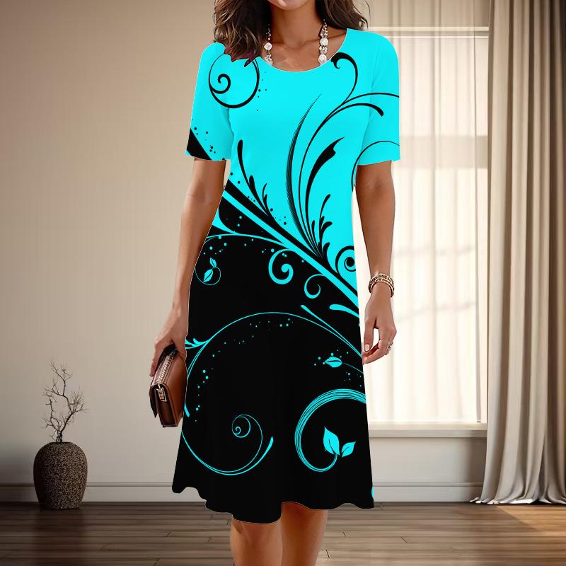 

Женская мода изящный листовидный принт лето весна короткий рукав О-образный вырез повседневные платья 4XL синий