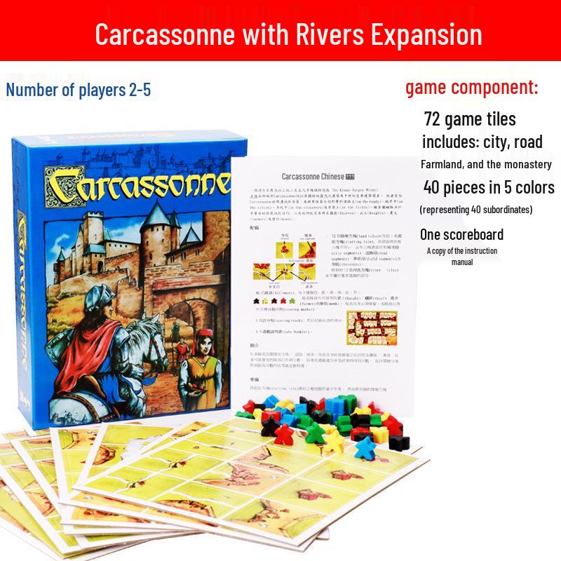 Carcassonne Tabletop Game - Chinese Version with River Expansion, Thick Board, & Wooden Components