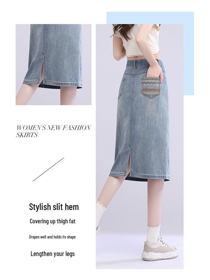 2025 High Waist Versatile Women's Denim Midi Skirt with Slit - Perfect for Spring/Summer