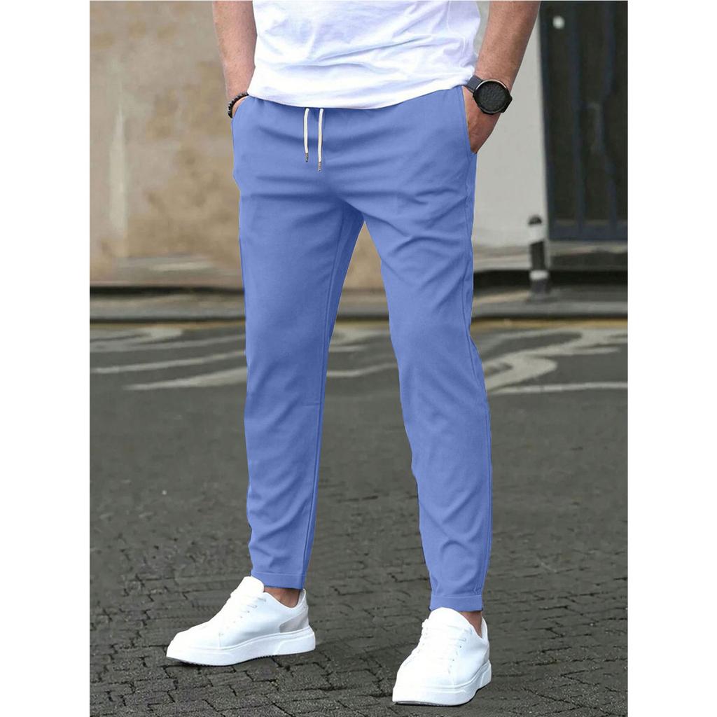 Spodnie męskie casualowe slim-fit dziewięciopunktowe w jednolitym kolorze, spodnie casualowe z kieszeniami