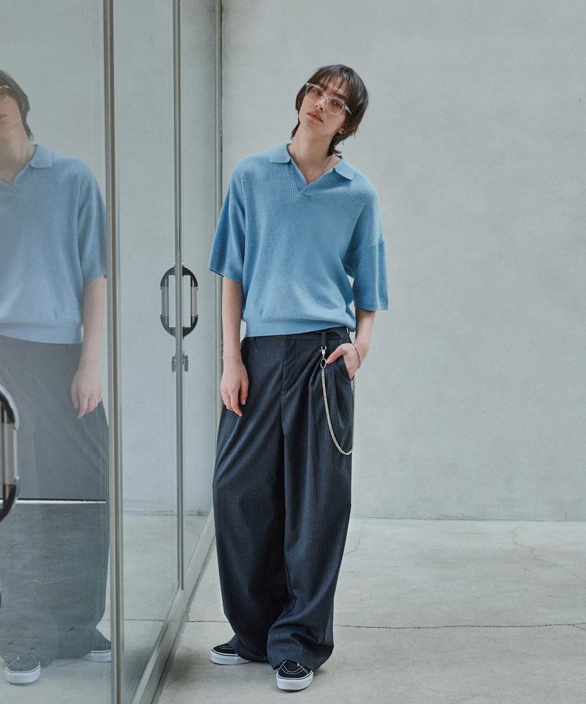 GLW Double-Pleat Wide Striped Slacks Charcoal