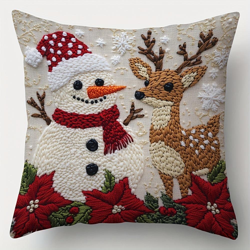 Christmas Pillowcase, Cute Cartoon Imitation Embroidery Linen Print Sofa Pillow Cover, Festival Decoration, Festival Gift (Pillow Insert Not Included)
