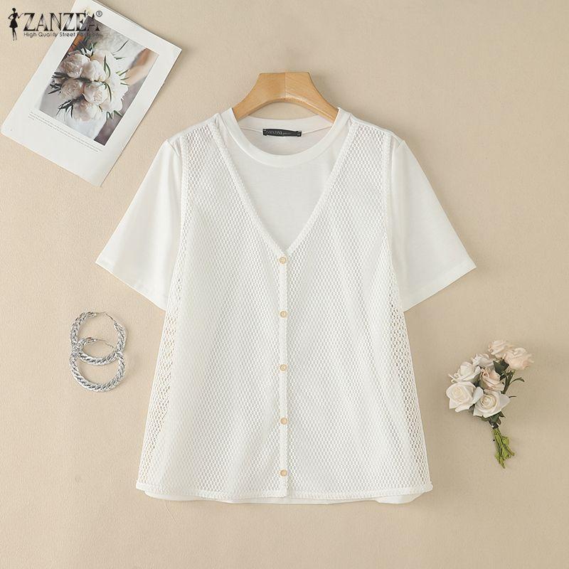 ZANZEA Women Casual Round Neck Loose Patchwork Short Sleeve T-Shirts