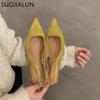 Fashion SUOJIALUN 2024 Spring New Women Sandal Fashion Pointed Toe Shallow Slip On Dress Mules Shoes Thin Low Heel Slingback Sandal