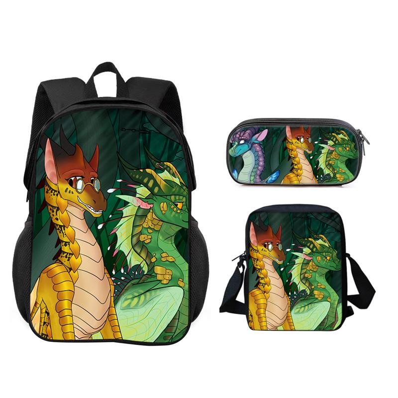 Set 3 Pezzi Wings of Fire Zaino Astuccio Borsa a Spalla Grande Capacità Stampa Cartoni Animati Ragazzi e Ragazze Scuola Primaria Stile Trendy