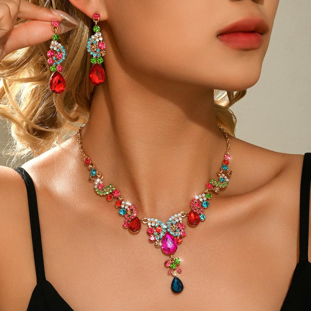 Bridal Jewelry Set Colorful Rhinestone Necklace Earrings Set Crystal Necklace Earrings Combo Premium Luxury Jewelry Set For Prom
