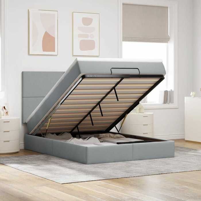 Cadre de lit ottoman - 140x190 cm - Matelas inclus - Rangement sous le lit - Tissu gris clair