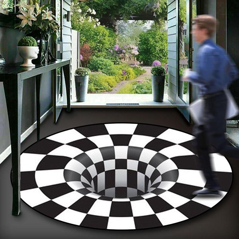 3D Illusion Vortex Carpet: Black & White Grid Round Floor Mat