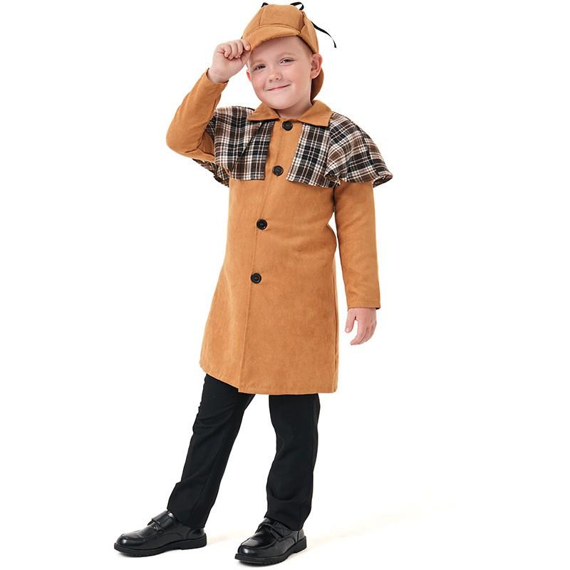 Kids Detective Costume Set Halloween Party Cosplay Outfit Long Sleeve Plaid Suit With Hat Glasses