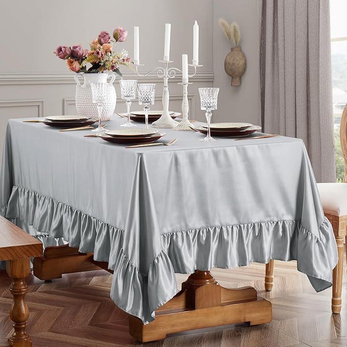Gold Satin Tablecloth Rectangle Ruffled Table Cover,Ruffle Table Skirt for Kitchen Dining Weddings Dining Table Home Decoration