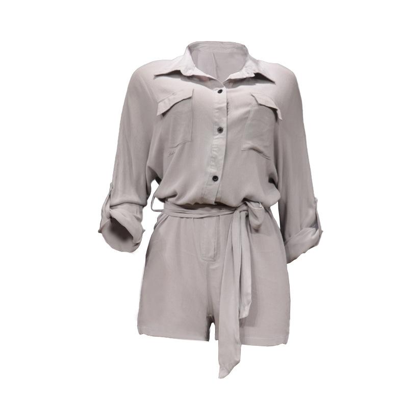 QICED Spring Women's Pure Color Temperament Reversed Shirt Cotton Hemp Jumpsuit