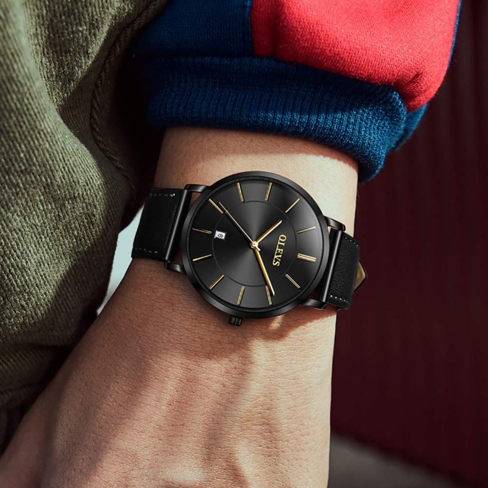 OLEVS Watch Men's Watch Arm Watch Stylish Ultra Thin Leather Strap Quartz Analog Date Display Lachic watch for men