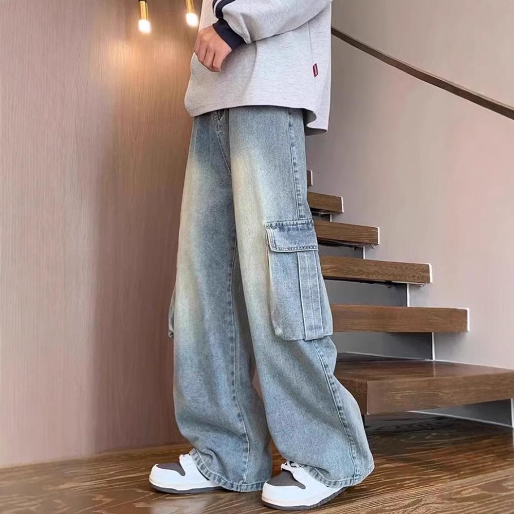 

Мужские состаренные джинсы в стиле ретро рабочей одежды - многокарманные, прямого широкого кроя, тренд весна/осень. Medium синий