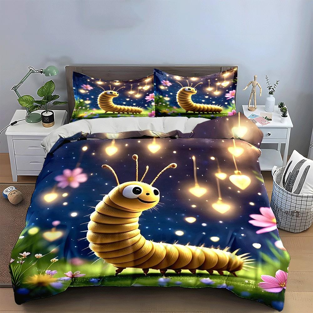 Cute Glowing Caterpillar Prints bedding Set.Exquisite three-piece bedding set gift for kids and adults