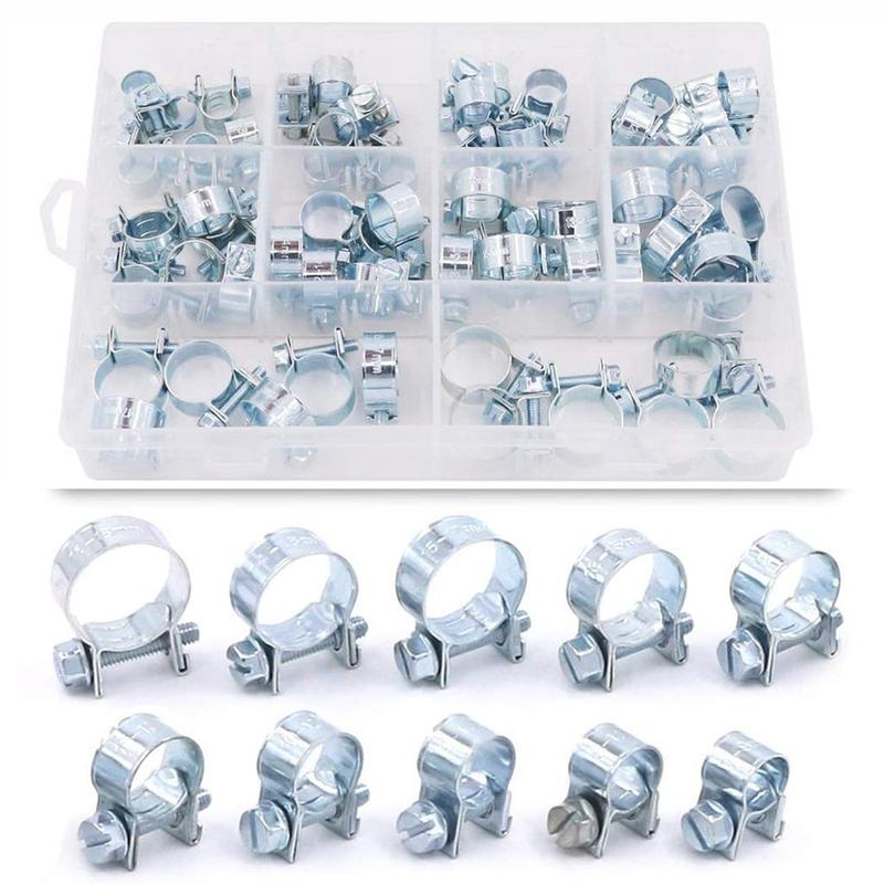 60Pcs 10 Size Mini Fuel Injection Style Hose Clamp Assortment Kit For Diesel Petrol Pipe