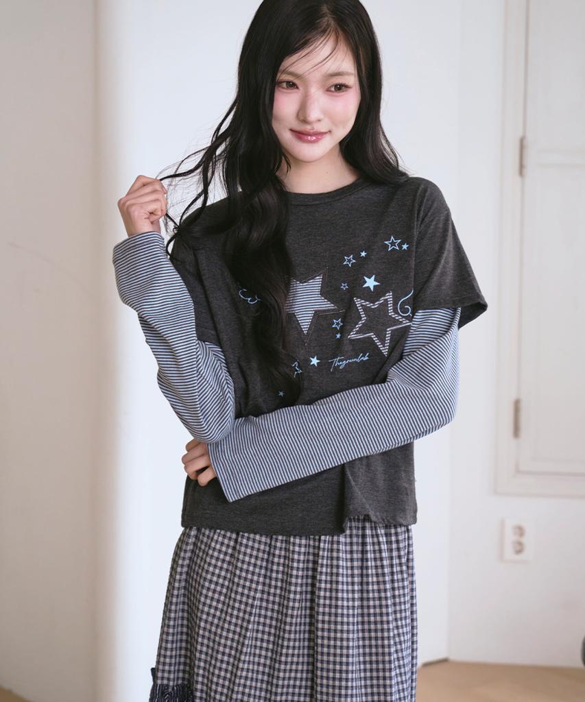 THE GREEN LAB Star Patch St Layered T-Shirt [Charcoal Gray]