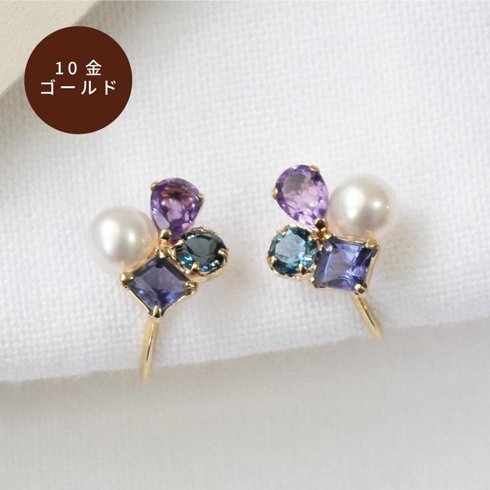 10K Gold Freshwater London Blue 10K Yellow Birthday Sa532 [Four-leaf Clover] Earrings, Pearl, Amethyst, Topaz, Iolite, Gold, K10, Women's, Present