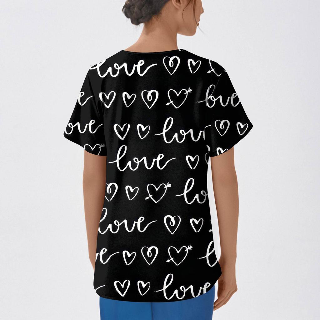 Women's Fashion Printed Short Sleeve V Neck Pattern Tops Pocket Working T-shirts