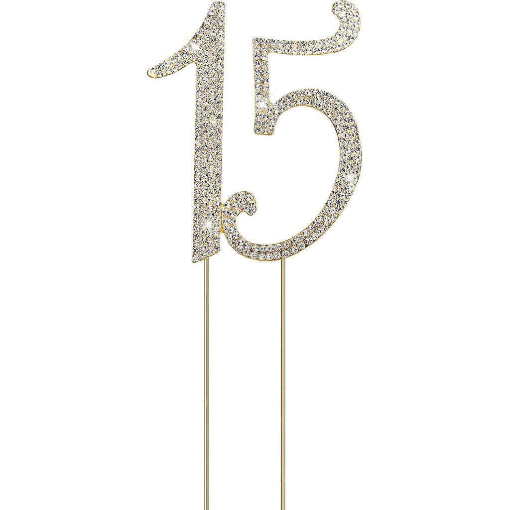 1 PCS Gold 15 Cake Topper Number 15 Cake Decoration Gold Rhinestone Cakes Toppers Decoration Crystal Happy 15th Birthday Cakes Sparkly Bling Alloy