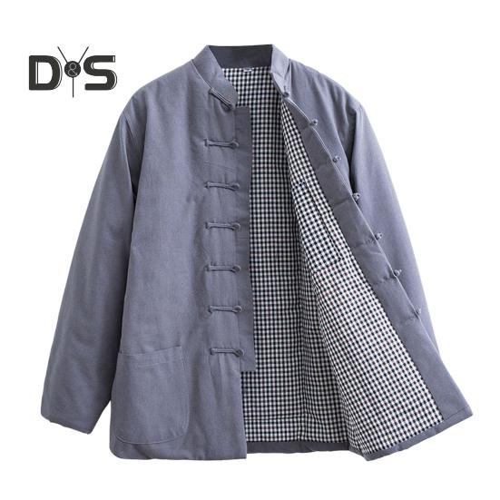 

Мужской костюм в стиле Тан, хлопковое пальто с воротником-стойкой, дизайн на пуговицах, однотонная традиционная куртка с карманами, повседневная одежда M серый