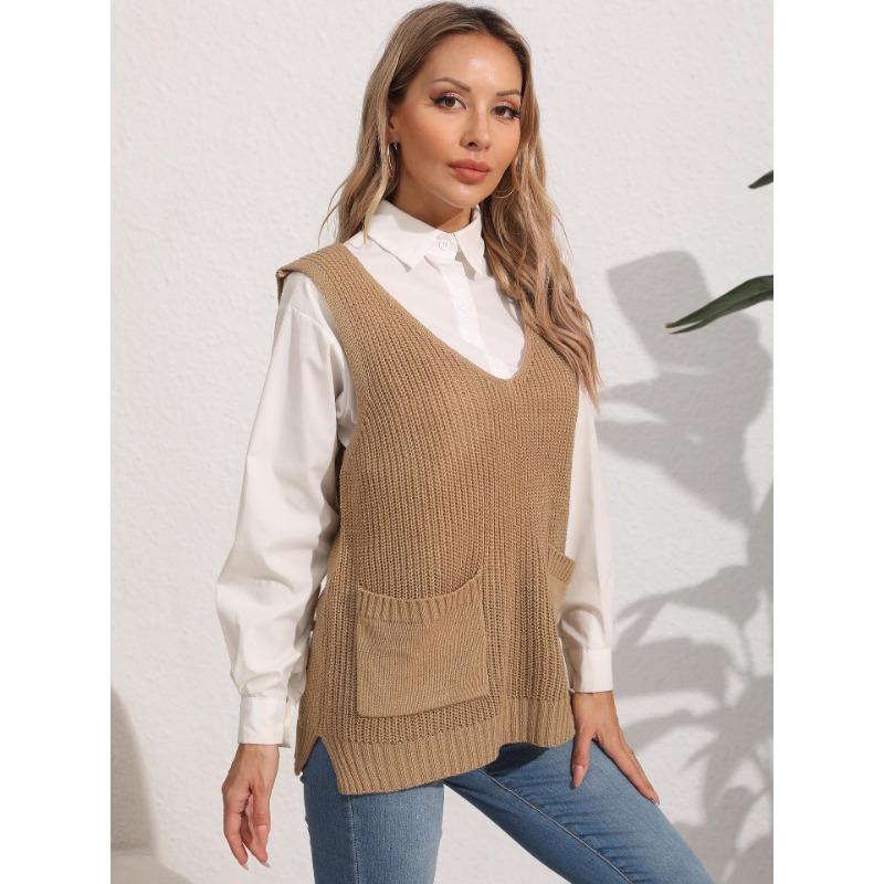 Women's Autumn and Winter Double Pocket Patchwork V-Neck Casual Sweater Vest