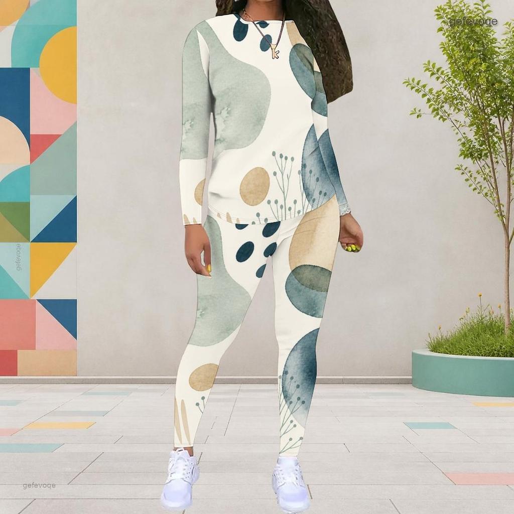 Women Plus Size Printed Round Neck Long Sleeve Top And Fitted Pants Two Piece Set
