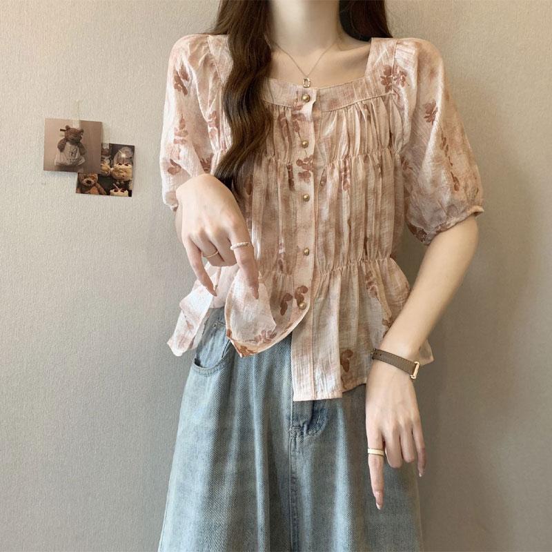 Süße Bluse mit Blumendruck Sommer Neu Elegant Eckiger Kragen Schickes Raffdetail Vintage Kurzarmhemden