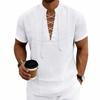 Mens Short Sleeve Lace Up Casual Shirt Lightweight Breathable Fabric V Neck Summer Top Loose Fit Plain Design