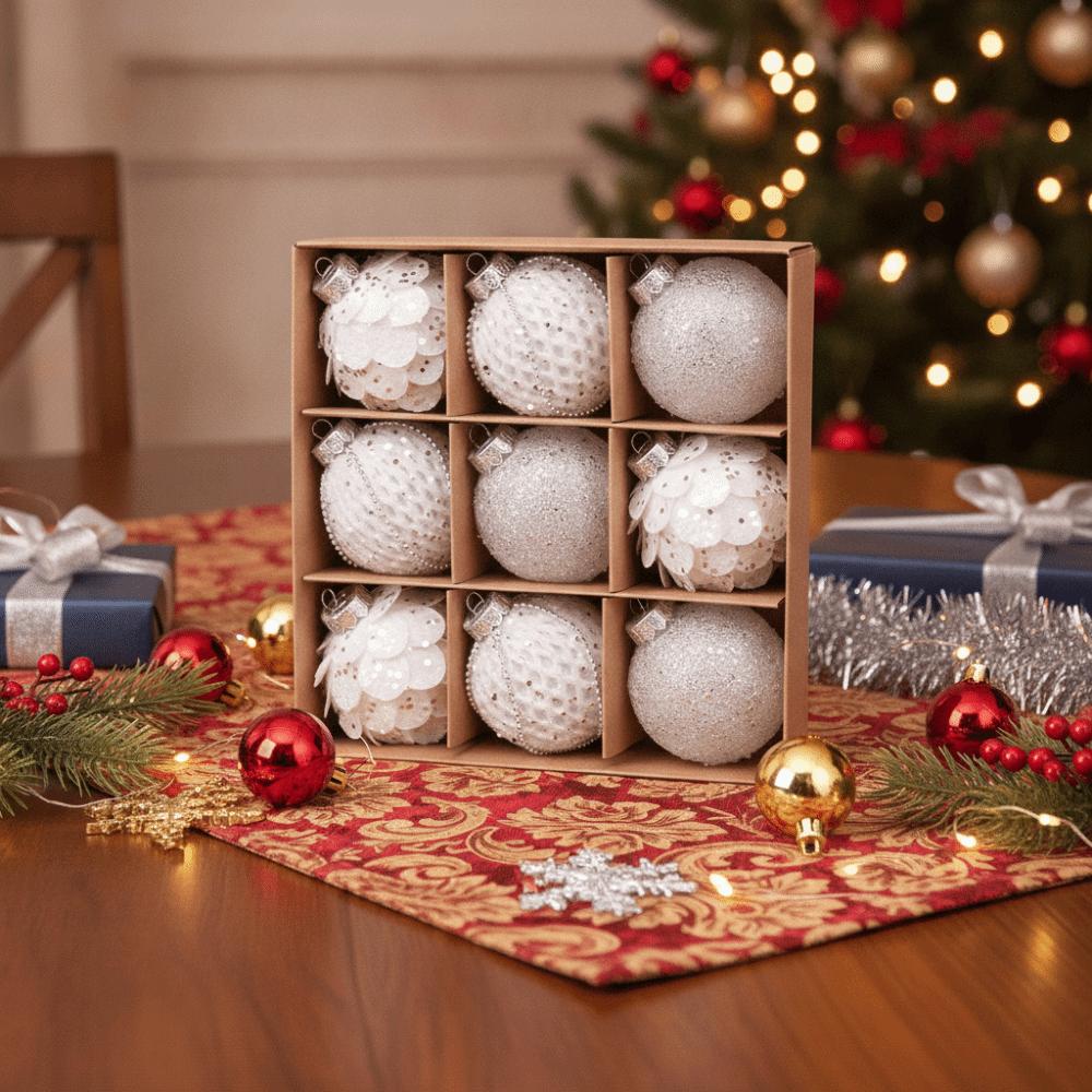 9PCS Foam Christmas Ball Ornaments Glitter Xmas Spheres Pendant Set  Festival Decor