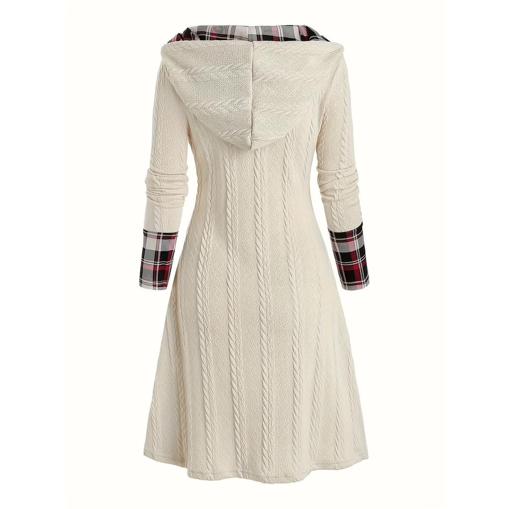 Knitted Hooded Dress Plaid Print Stitching Fake Buckle High Waist Long Sleeve A-line Dress Female