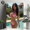 Hochauflösendes Blechschild Wandkunst Sexy Pinkes Bikini-Mädchen am Swimmingpool Sommerurlaub Retro Glamour Fotografie Prin